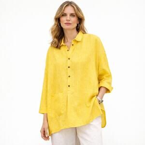 Eskandar Linen Boxy oversize 1/2 button Blouse in Yellow size 0